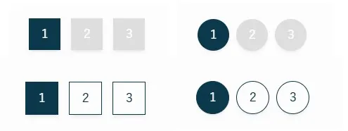 ステップインジケーターの4つのデザインバリエーション。上段左は塗りつぶした正方形の1、2、3、上段右は塗りつぶした円の1、2、3。下段左は塗りつぶした正方形1と白い背景の2、3、下段右は塗りつぶした円1と白い枠線の2、3を表示