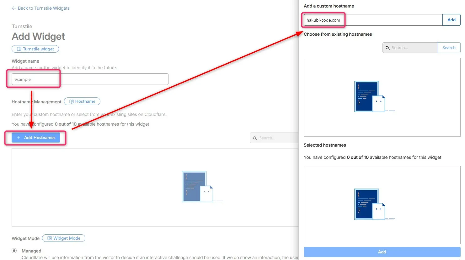 Cloudflare TurnstileのAdd Widget画面。Add Hostnamesボタンから右側のホスト名入力欄にhakubi-code.comを入力する手順を矢印で示している