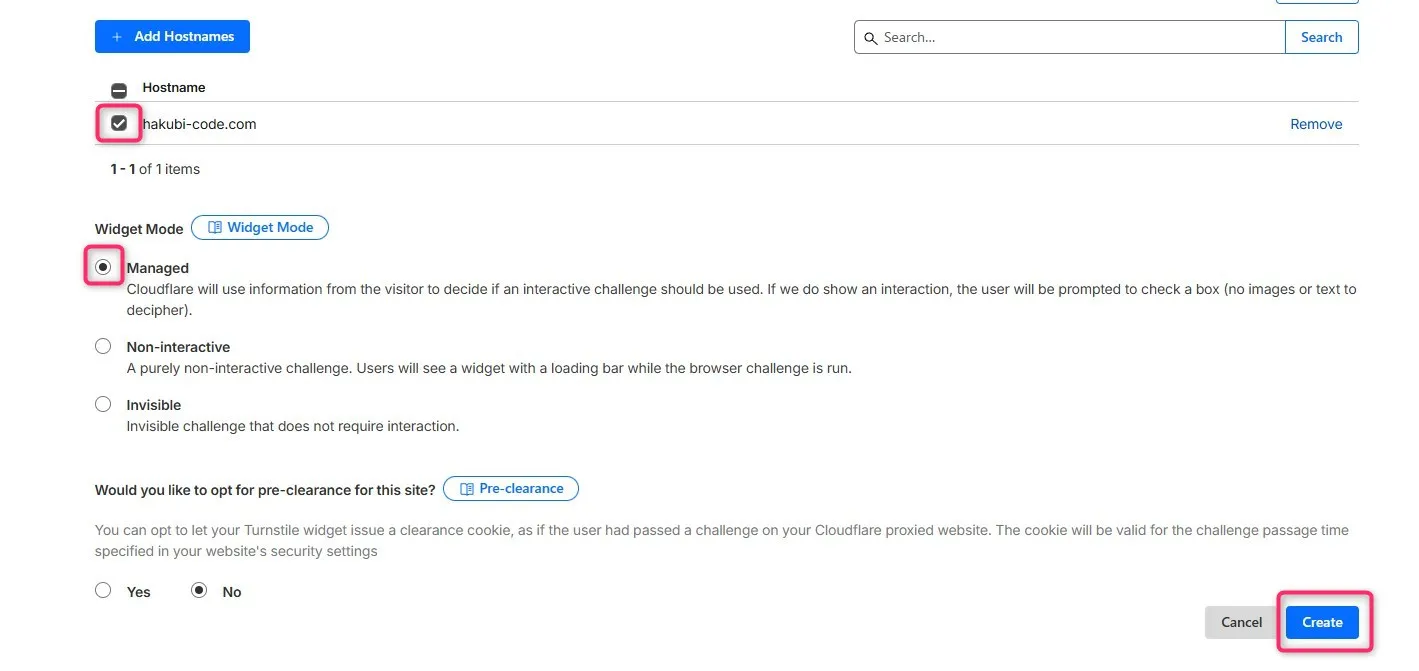 Cloudflare Turnstileの設定画面。ホスト名のチェックボックスとWidget ModeのManagedラジオボタンが選択され、Createボタンが強調表示されている