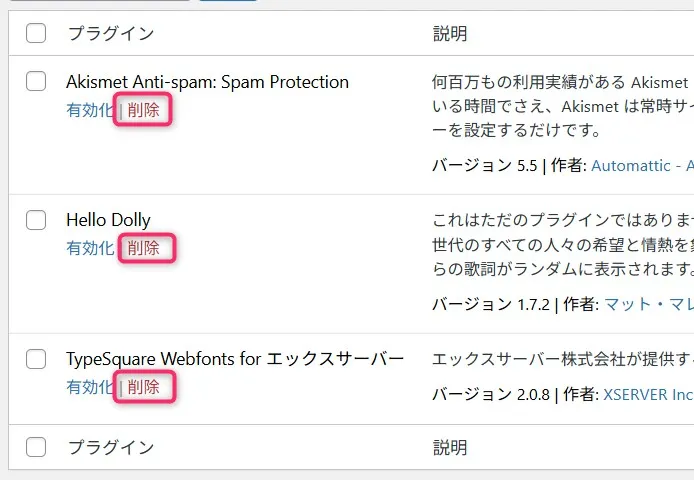 WordPressのインストール済みプラグイン一覧。Akismet、Hello Dolly、TypeSquare Webfontsが表示され、それぞれ削除ボタンが付いている