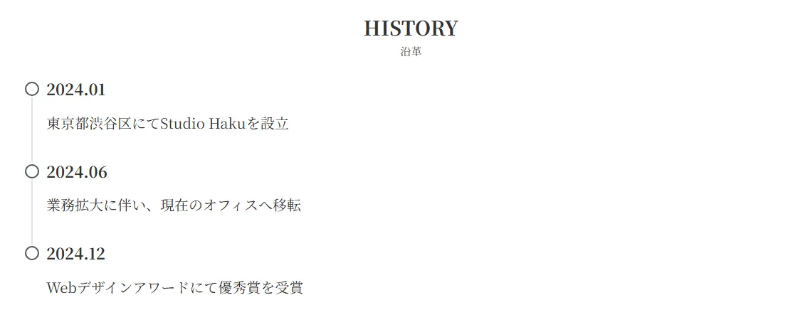 Studio Hakuの企業沿革タイムライン。2024.01:東京都渋谷区にてStudio Haku設立。2024.06:業務拡大に伴い、現在のオフィスへ移転。2024.12:Webデザインアワードにて優秀賞を受賞。各マイルストーン円形バーで左側に配置