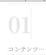 ページセクションのプレースホルダー。「01」の大きな番号と「コンテンツ…」テキストで、セクション構成の概要を示すレイアウト例