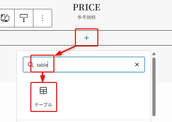 PRICEセクションへのテーブルブロック挿入ガイド。プラスボタンでテーブル要素を追加、tableコンポーネントを挿入するUI操作フロー