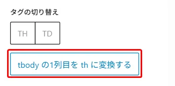 テーブルタグ切り替え機能。TH(テーブルヘッダー)とTD(テーブルデータ)タグのボタン選択。「tbodyの1列目をthに変換する」操作ガイド表示