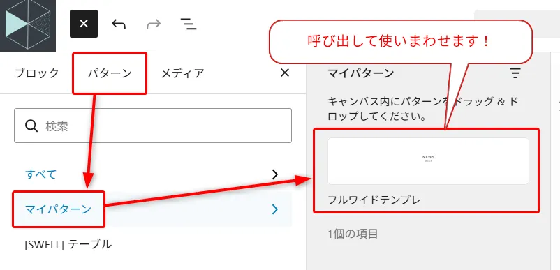 WordPressブロックエディタの左サイドバーで「パターン」タブが赤枠、「マイパターン」セクションの「フルワイドテンプレ」が矢印で右側のキャンバスエリアに指し示され、「呼び出して使いまわせます!」「キャンバス内にパターンをドラッグ&ドロップしてください」という説明が表示されたパターン使用方法の画面