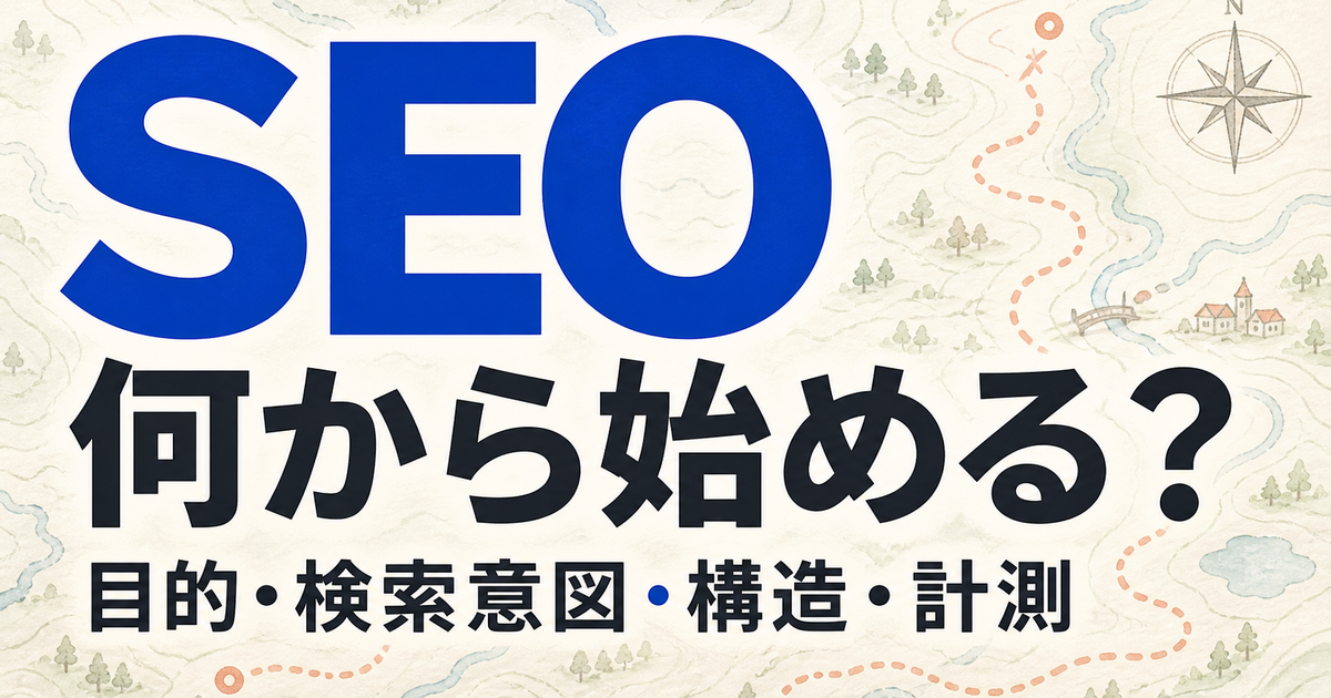 SEO対策を何から始めるか、目的・検索意図・構造・計測の順序を示すアイキャッチ画像